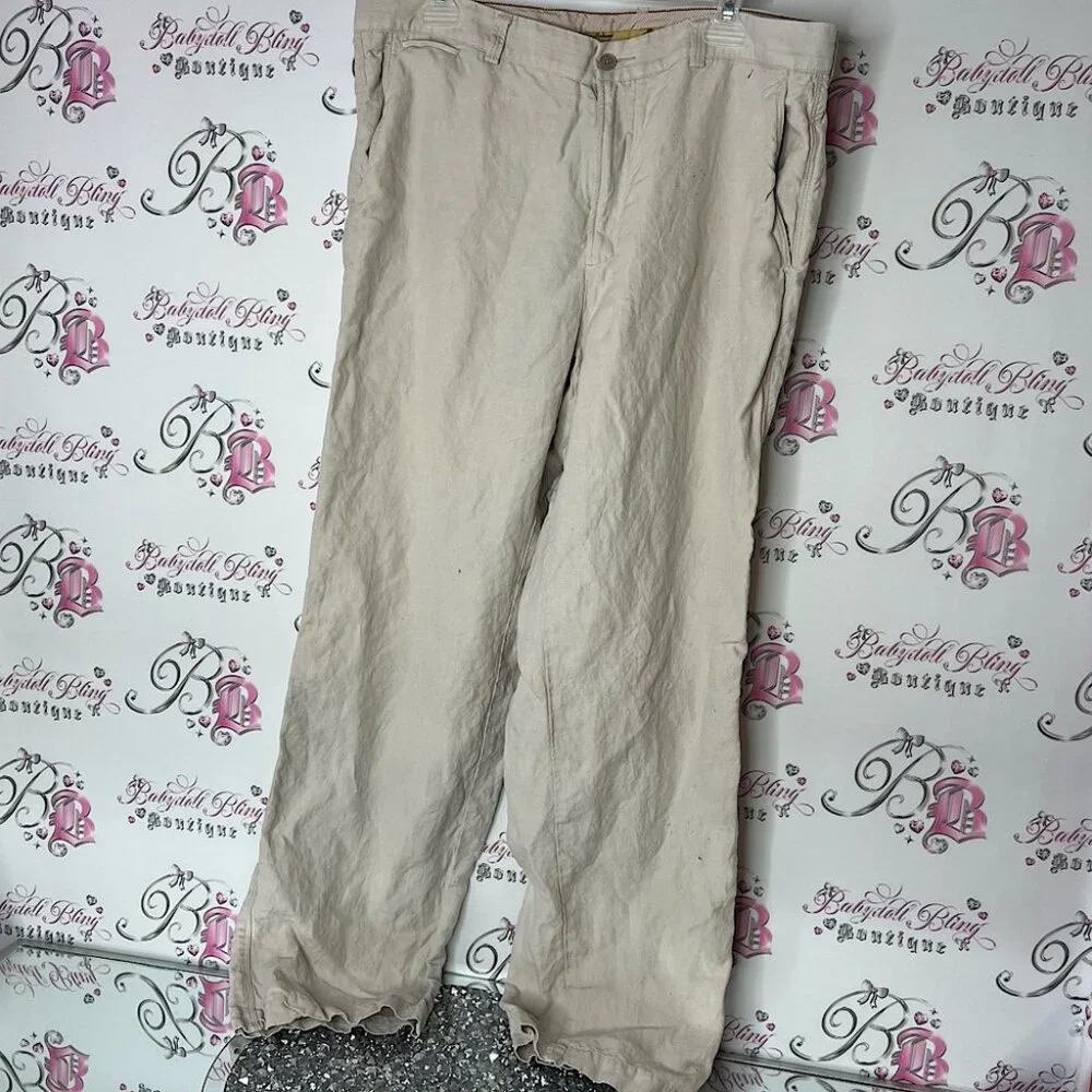 Tommy Bahama pants linen & silk flowy beach style Tan Chinos Relaxed Fit comfy